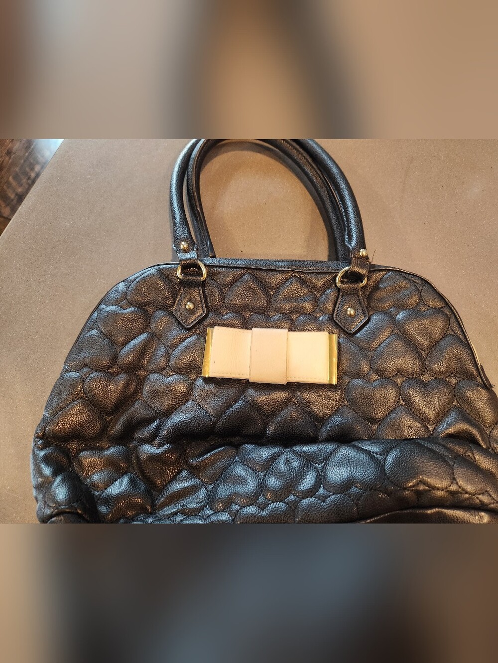 Betsey Johnson Black Quilted Heart Tote with Cream Bow Accent